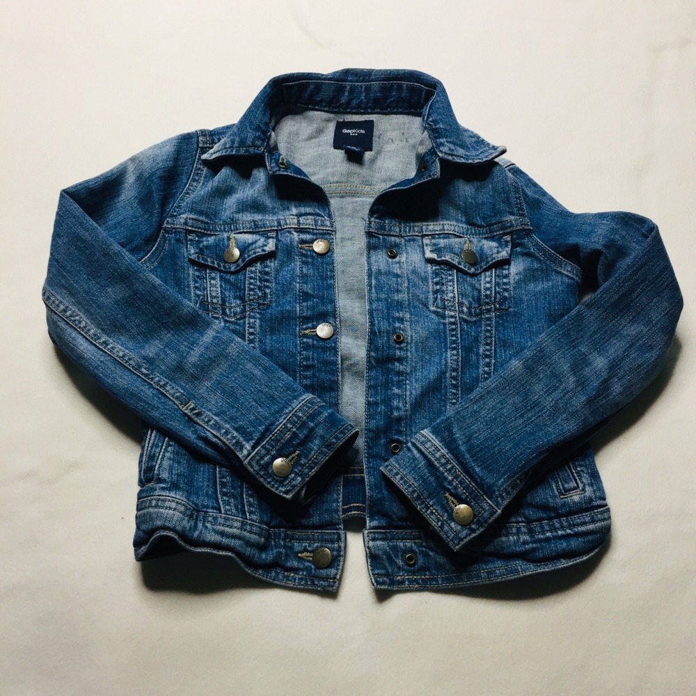 Gap Kids Jean Jacket Girls Medium Denim Dark Wash Button Up Cropped Pockets
